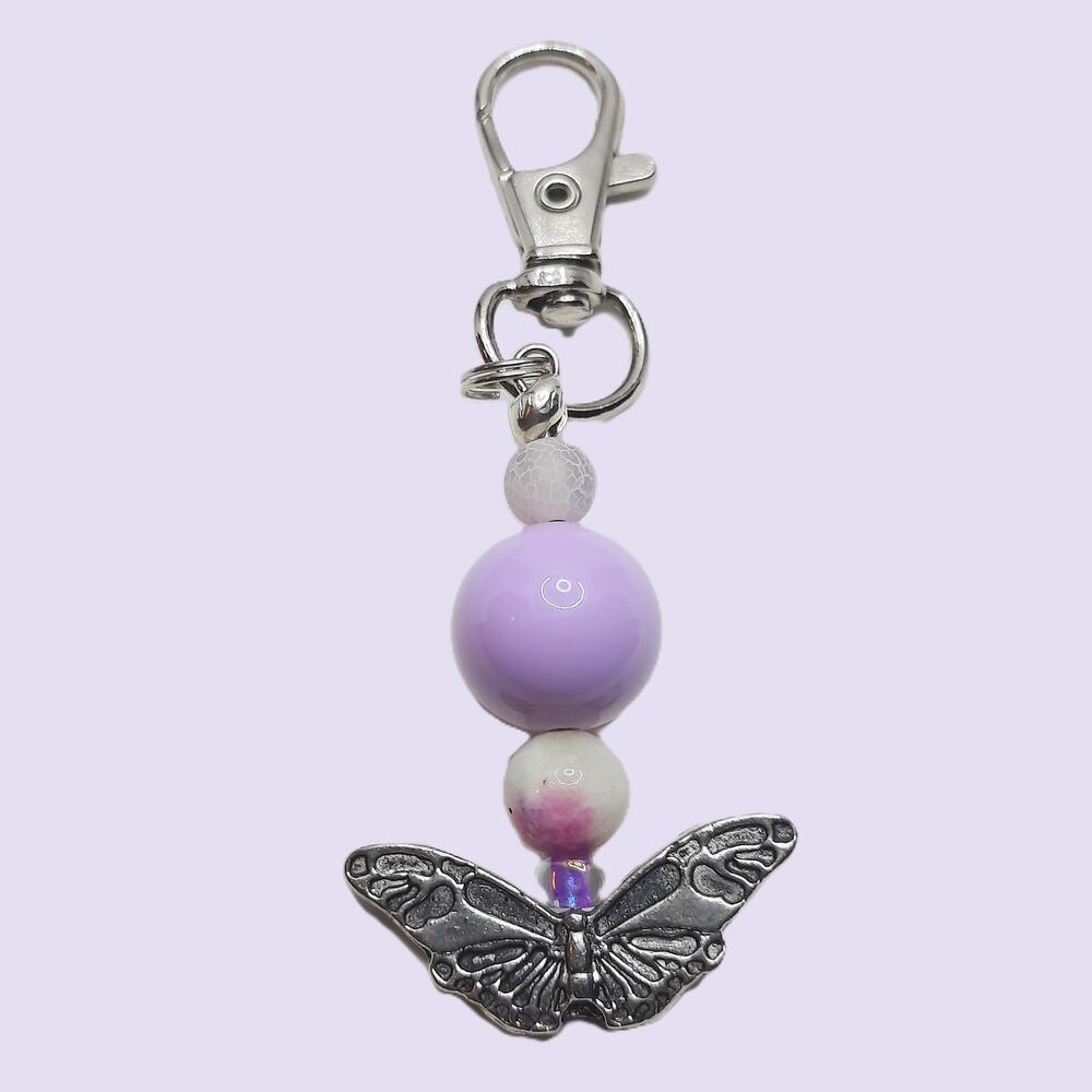 Handmade Beaded Butterfly Bag Charm Tibetan Silver Light Purple Keychain NEW
